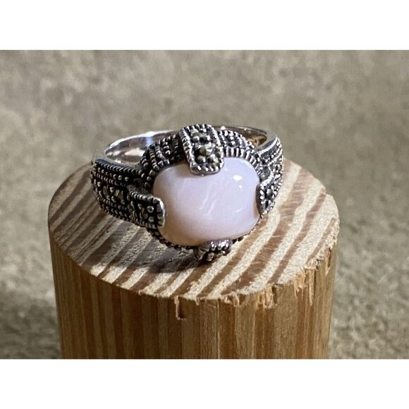 Thailand Jewelry - Vintage Sterling Silver Ring Marcasite & Rhodochrosite Gem .925 Size 7.75 7.1 Gr